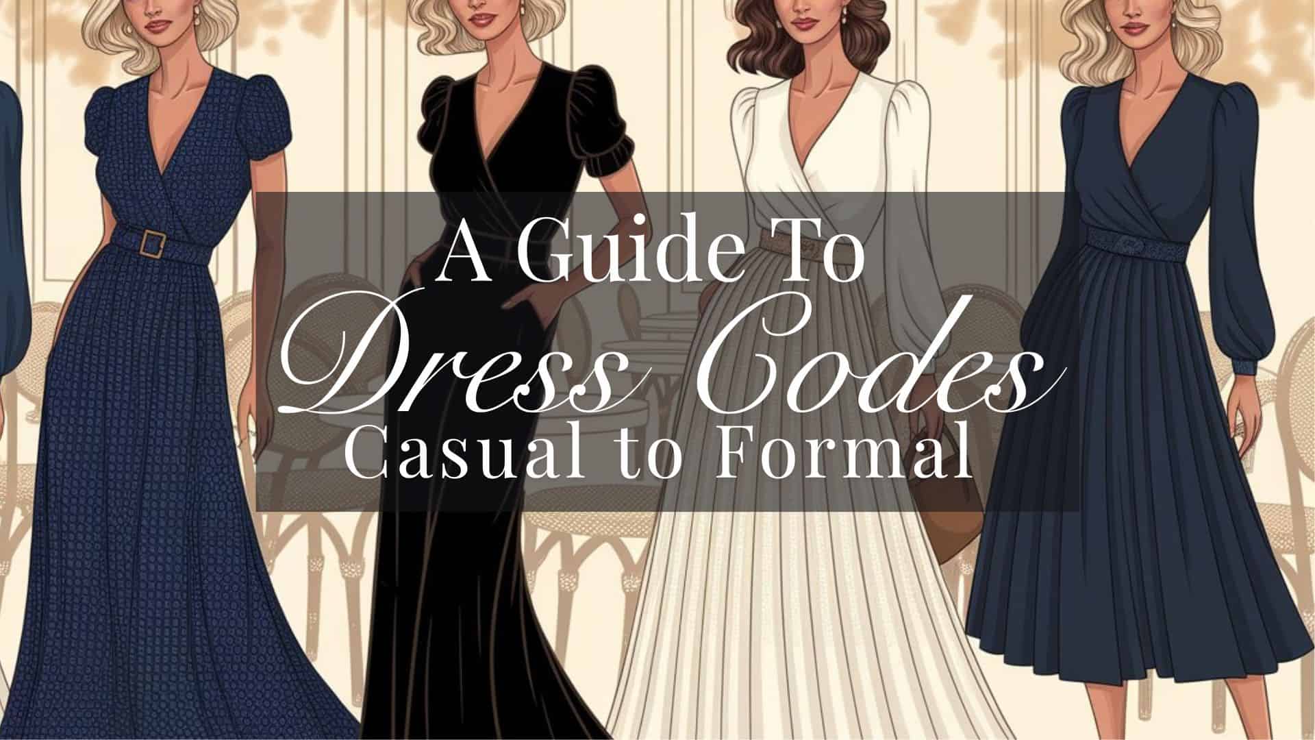 The image features four fashionable women wearing different dress styles, showcasing a variety of dress codes from casual to formal. The dresses include a navy polka dot wrap dress, a black fitted dress, a classic white gown, and a pleated navy dress, all set against a light, elegant background. The title "A Guide To Dress Codes Casual to Formal" is prominently displayed over the image in an elegant, bold font.