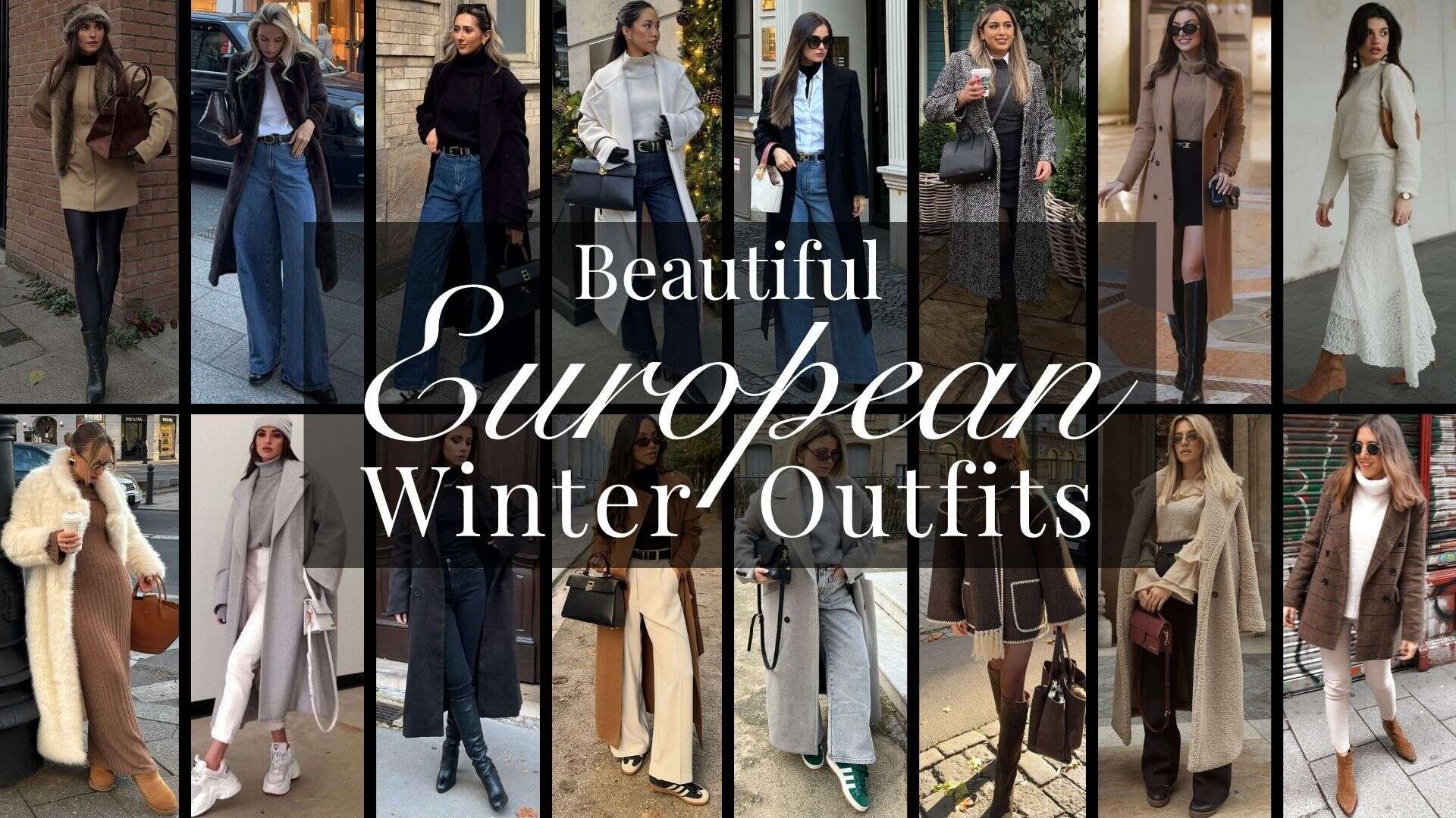 The outfits showcase a blend of contemporary and classic European styles, featuring a variety of fabrics and cuts. Key elements include tailored coats in neutral tones like beige and gray, woolen turtlenecks, wide-legged jeans, and elegant long skirts, often accessorized with statement belts and structured handbags. Textures range from soft faux fur to chunky knits, all contributing to a sophisticated winter aesthetic that embodies European fashion's emphasis on sleek lines and layered outfits.