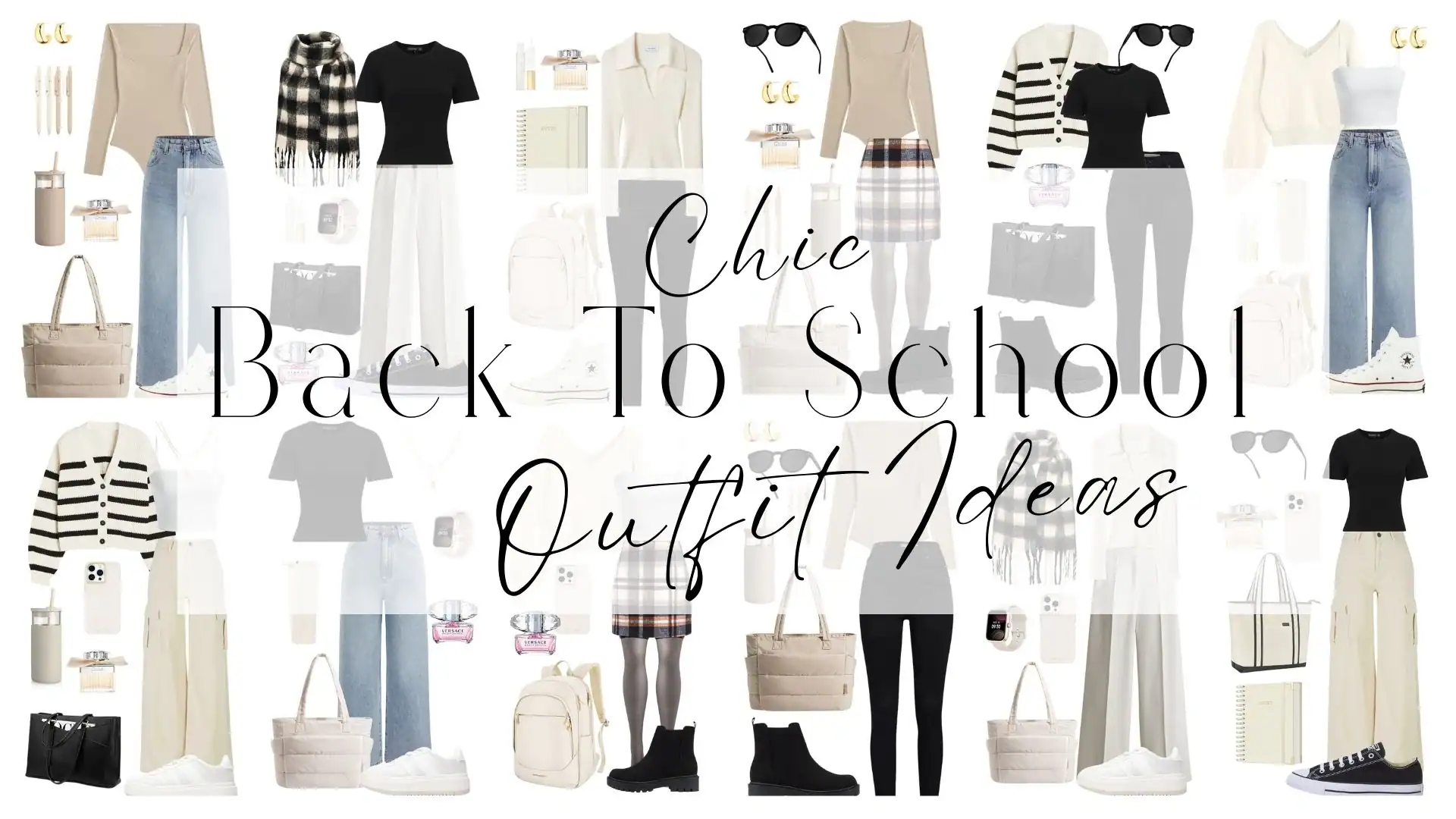 A variety of chic back-to-school outfits are displayed, featuring long-sleeve tops in neutral tones, plaid skirts, and high-waisted jeans paired with stylish sneakers. Accessories include oversized tote bags in beige and black, a cozy striped cardigan, and trendy sunglasses. Statement pieces like gold hoop earrings and a black and white scarf complete the looks, offering versatile options for students.