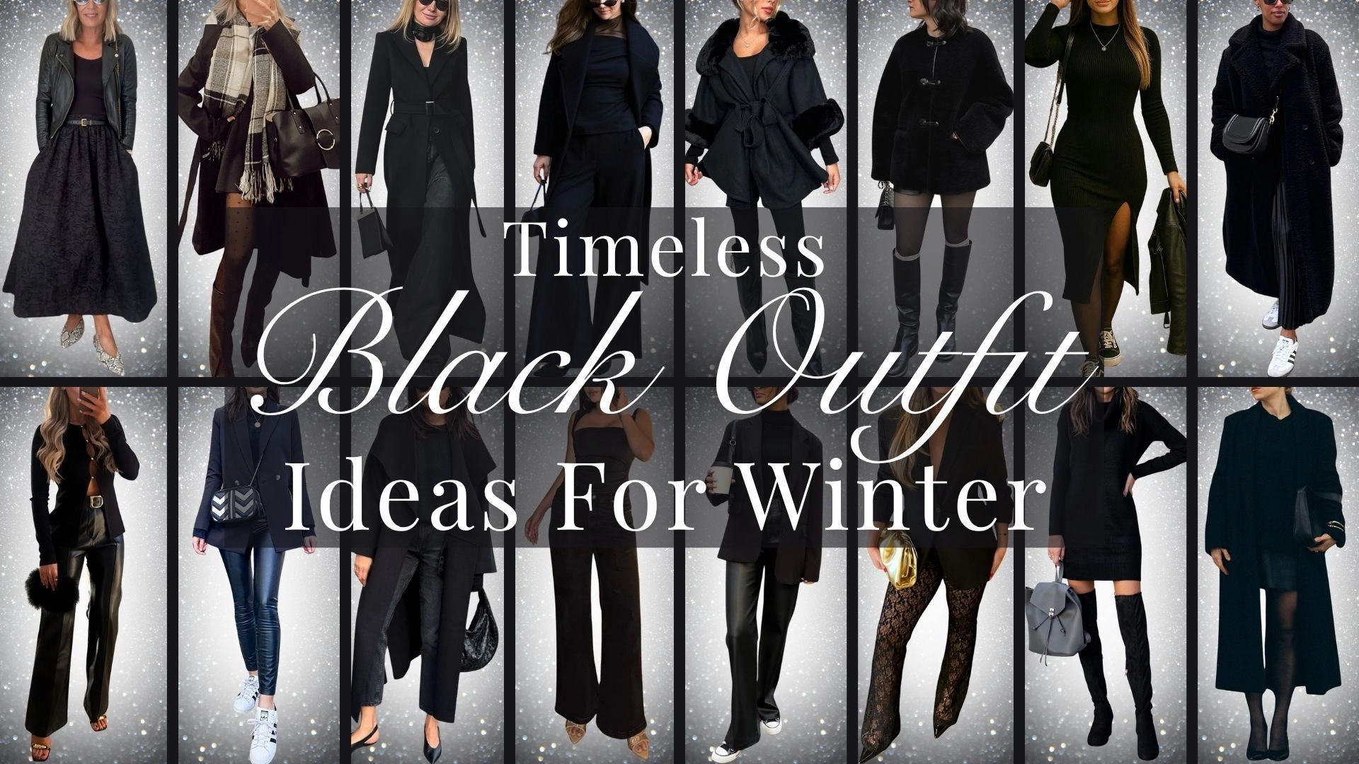 A refined collection of black winter outfits features a mix of textures including cozy knits, smooth leather, and elegant wool blends. Notable pieces include long coats, form-fitting dresses with side slits, and tailored trousers, complemented by chic accessories like belts and shoulder bags. The variety of shades within the black palette enhances depth, creating a sophisticated and timeless aesthetic ideal for the season.