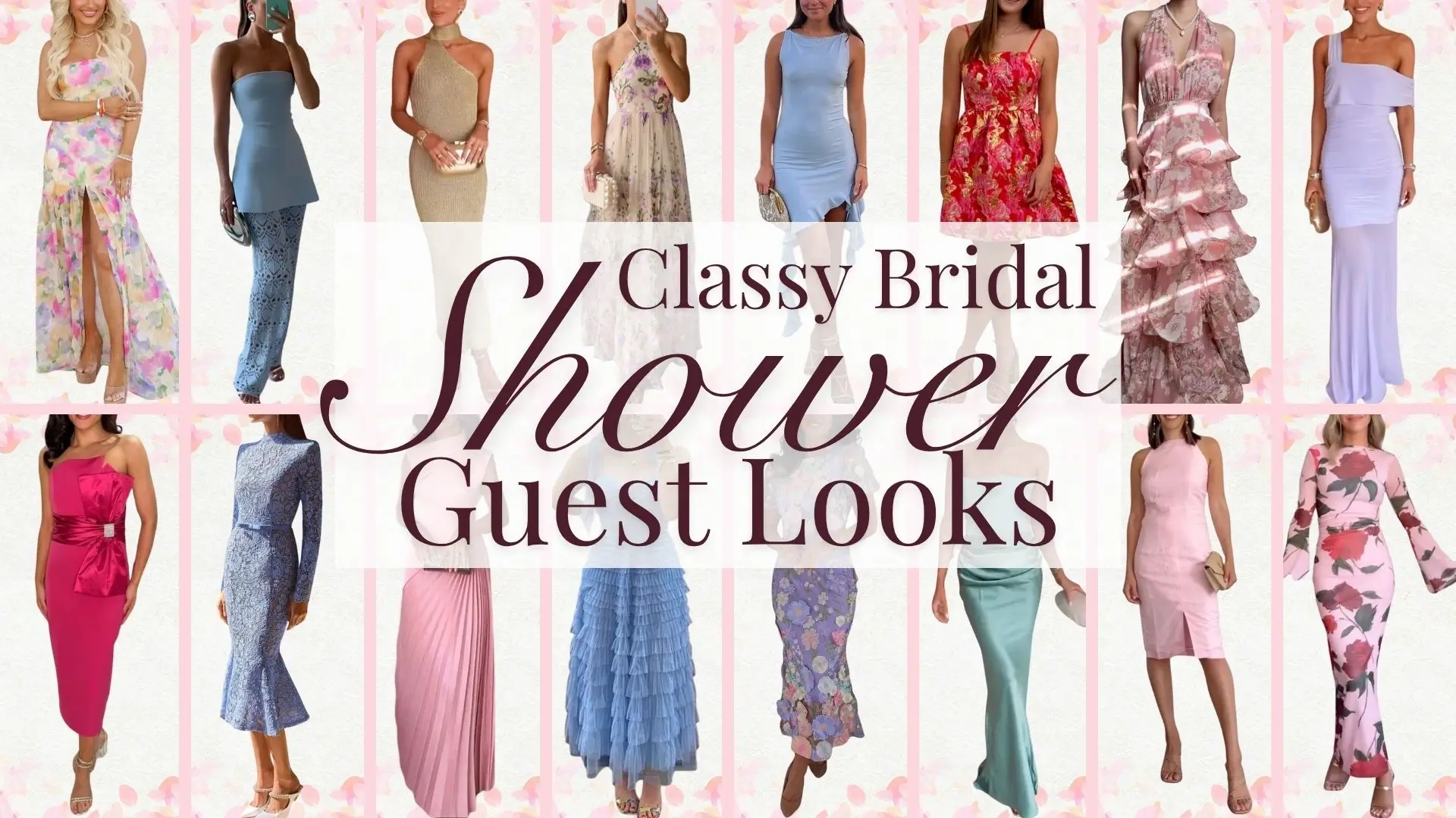 A collection of bridal shower guest outfits showcases a variety of styles, including floral print dresses and elegant solid colors. Fabrics range from lightweight chiffon to structured satin, featuring details such as ruffled hems, playful bows, and chic off-the-shoulder necklines, all in a palette of soft pastels and vibrant hues. Each look balances sophisticated elegance with playful whimsy, making them ideal for a celebratory occasion.