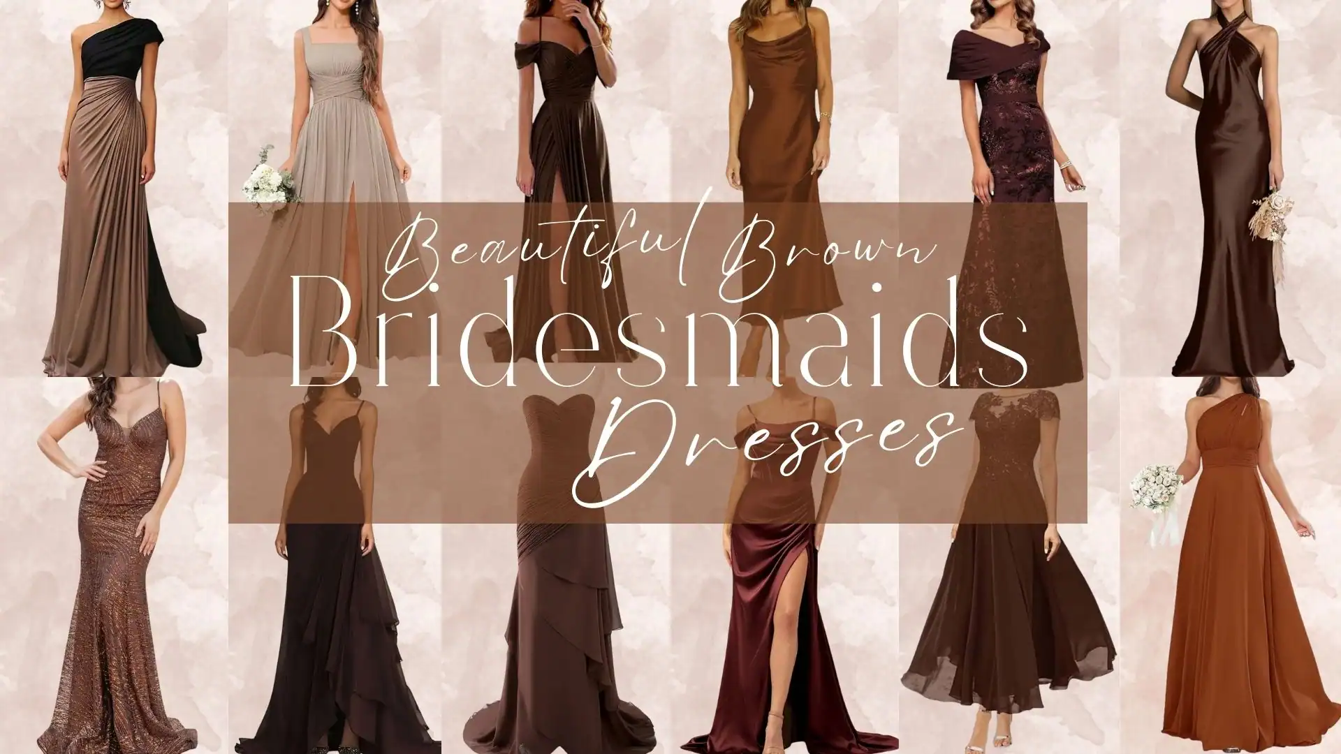 A collection of brown bridesmaid dresses features various styles, including an elegant off-the-shoulder gown with draped fabric, a sleek floor-length dress in rich chocolate brown, and a softly pleated A-line dress with a thigh-high slit. Textures vary from shimmering sequins to smooth satin, showcasing shades like warm taupe, deep mahogany, and a sparkling bronze, creating a cohesive yet diverse palette perfect for wedding attire. Each dress has unique details like intricate lace embellishments or contemporary necklines, adding a touch of sophistication and charm.