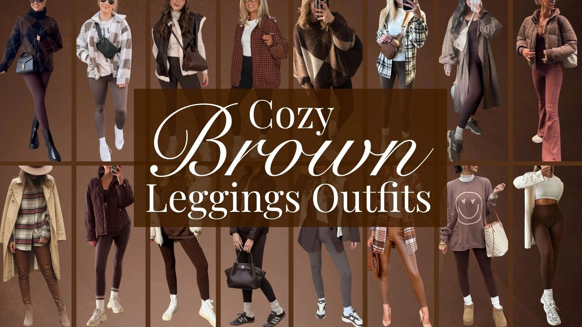 The image features a collection of cozy brown leggings outfits suited for winter, showcasing a variety of textured fabrics like soft cotton, chunky knits, and plush fleece. The shades of brown range from deep chocolate to lighter tan, accented with stylish accessories such as oversized coats, plaid shirts, and stylish footwear, all contributing to a warm and comfortable aesthetic perfect for cooler months.