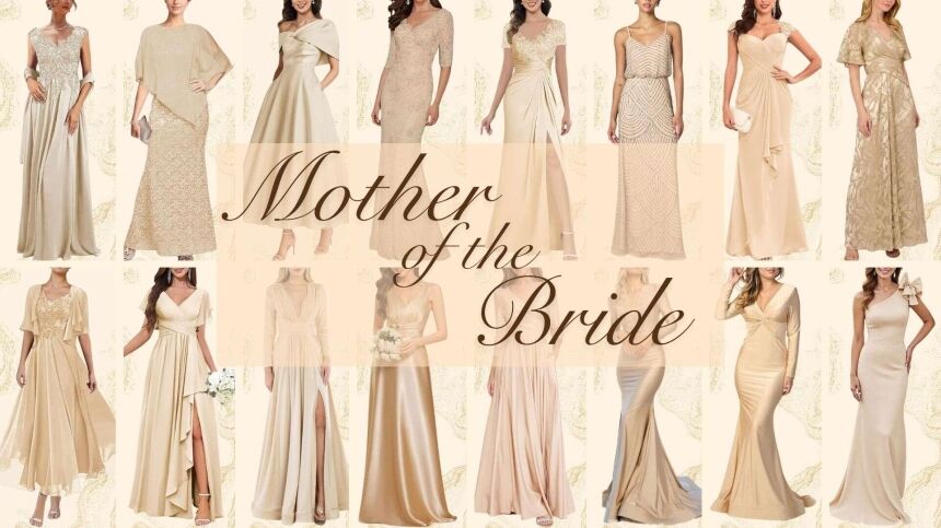 Champagne-colored mother of the bride dresses are elegantly designed with various styles. Features include long, flowing skirts, sophisticated necklines like V and off-the-shoulder, and textured fabric options such as lace, satin, or beaded embellishments. Many gowns have tailored bodices and sweeping hemlines, offering a flattering silhouette perfect for a formal wedding setting.