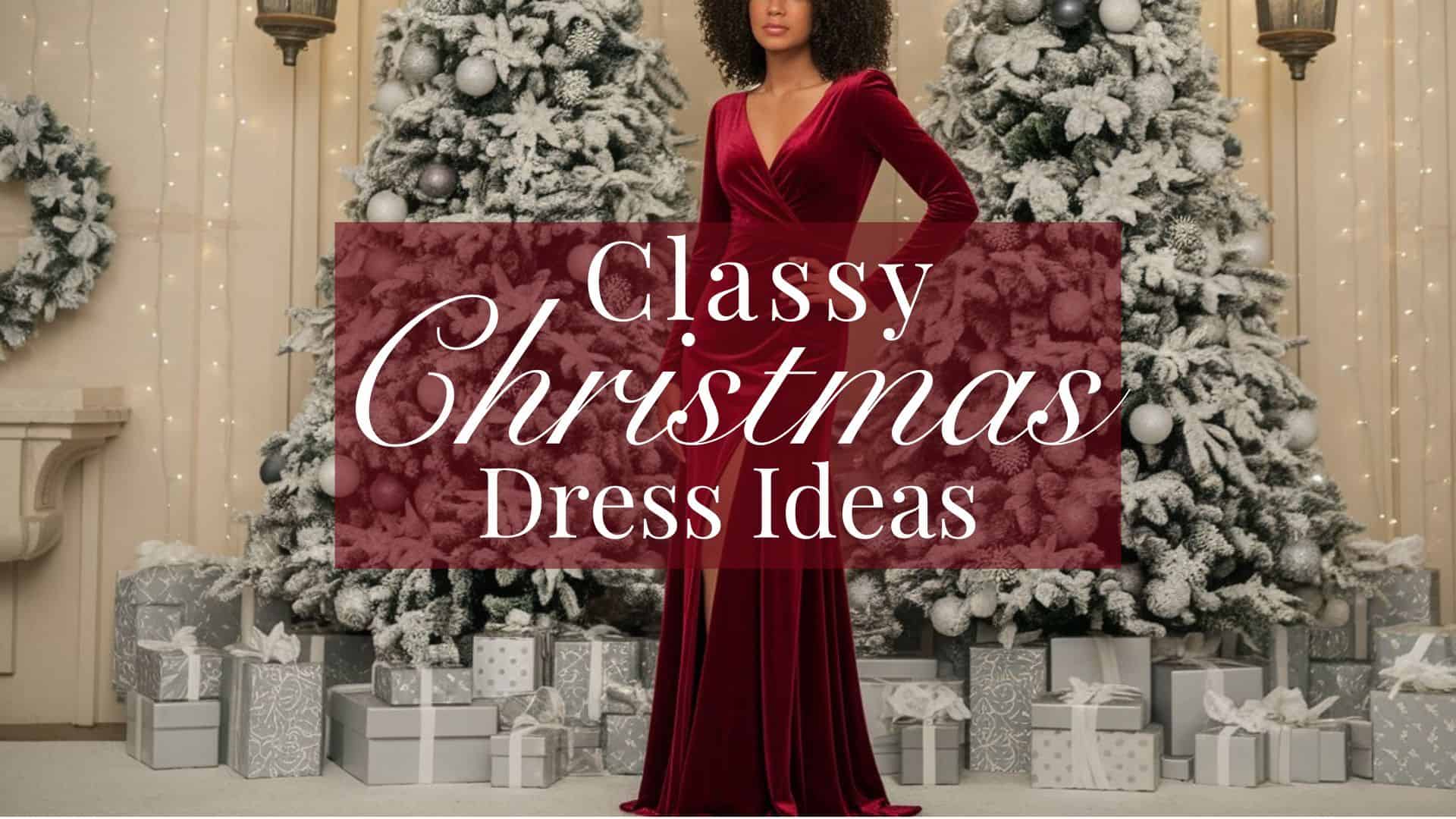 a woman wearing a classy christmas dress