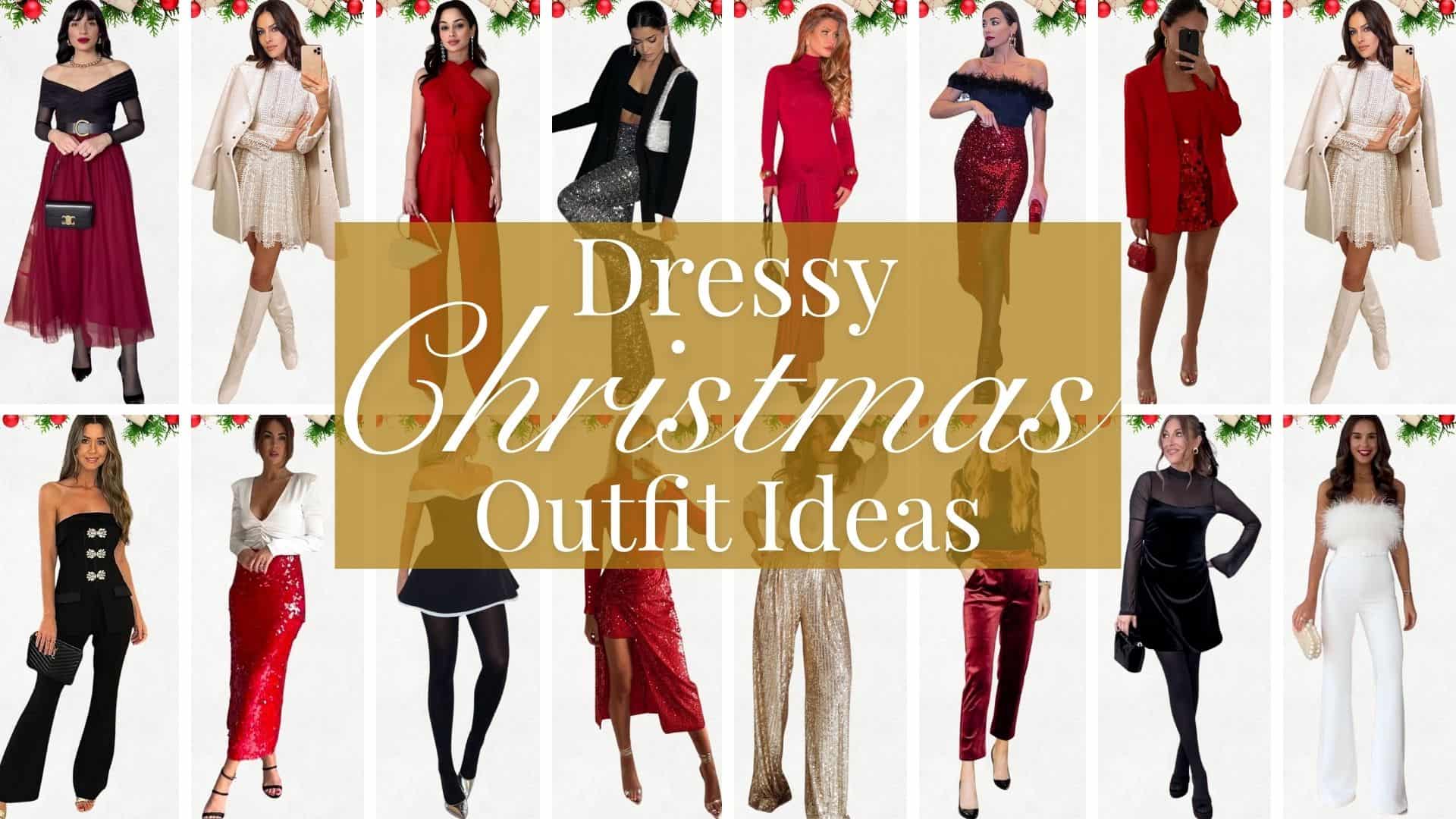 A collection of dressy Christmas outfits showcases a variety of styles, including a deep burgundy off-the-shoulder dress with a flowing tulle skirt, sparkly red and gold sequined mini dresses, and chic jumpsuits in velvet and satin. Colors range from bold reds and blacks to shimmering golds, with textures like sequins, satin, and tulle adding visual interest. Accessories such as statement belts, elegant clutches, and knee-high boots complete the looks, offering festive inspiration for holiday attire.