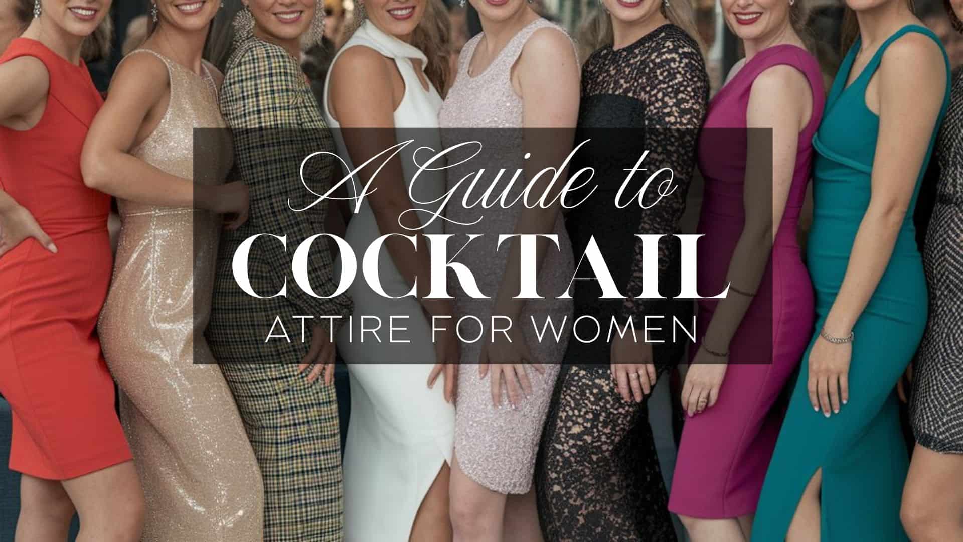 a group of women wearing various types of cocktail attire posing for a picture at a cocktail event