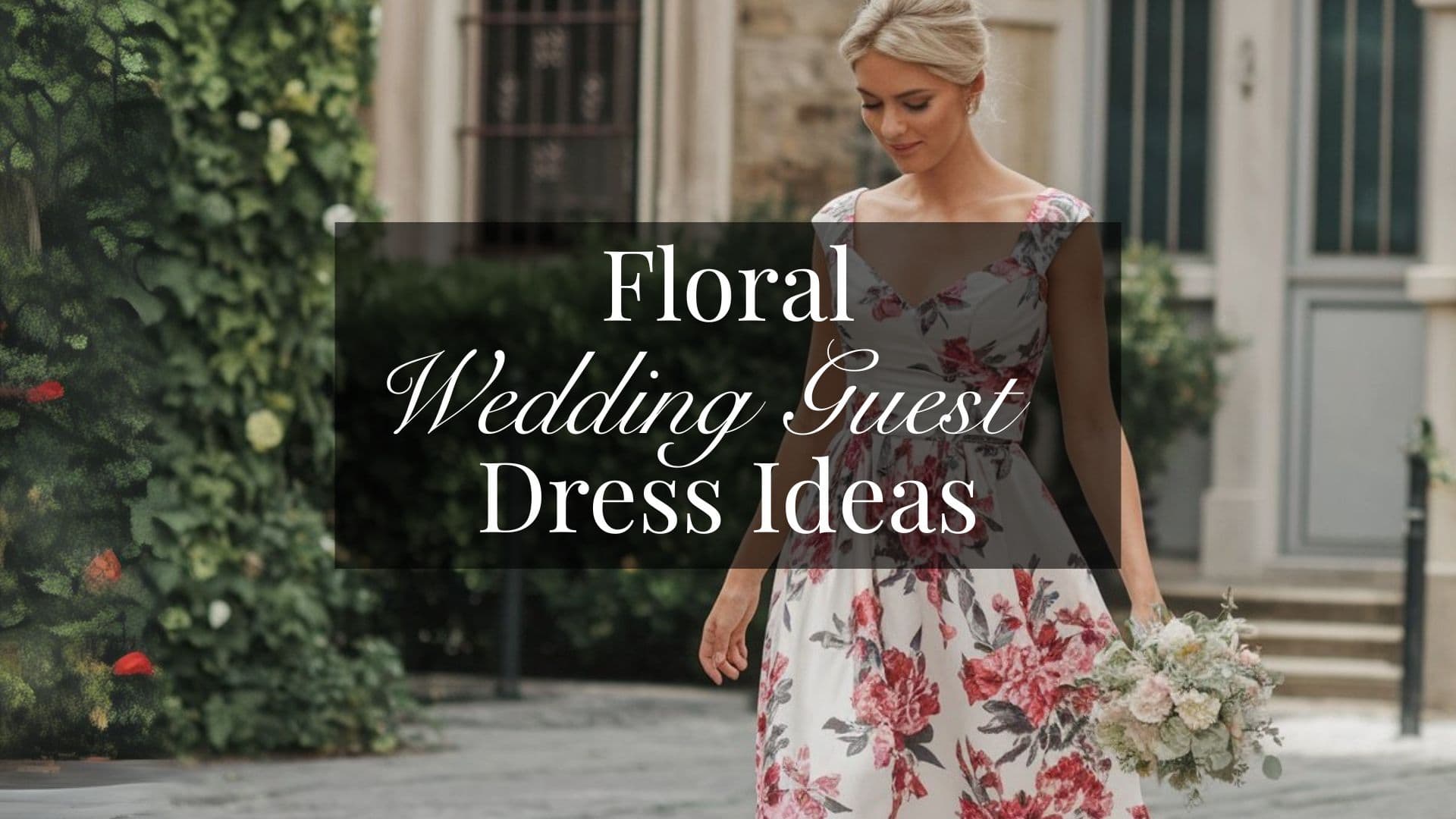 The dress features a delicate, romantic floral print, showcasing large pink and red roses against a soft white background, which enhances its feminine appeal. The flattering A-line silhouette is complemented by a V-neckline and cap sleeves, offering elegance and comfort, making it an ideal choice for wedding guest attire. Paired with a small bouquet, the dress exudes a graceful, vibrant look perfect for celebrating love.