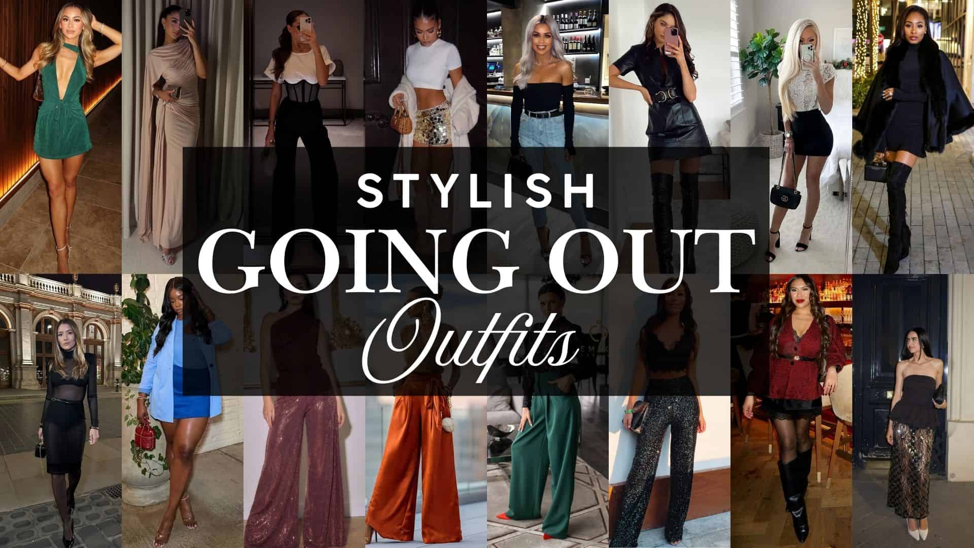 This collection of going out outfits features a variety of stylish and effortless ensembles, including a deep emerald green mini dress with a plunging neckline, a fitted black top paired with high-waisted sequined shorts, and elegant long, flowing dresses in soft hues. The overall vibe conveys a perfect blend of chic sophistication and playful allure, ideal for making a statement on a night out while remaining effortlessly put together. Each outfit is complemented by trendy accessories and bold footwear, enhancing the modern, stylish aesthetic.