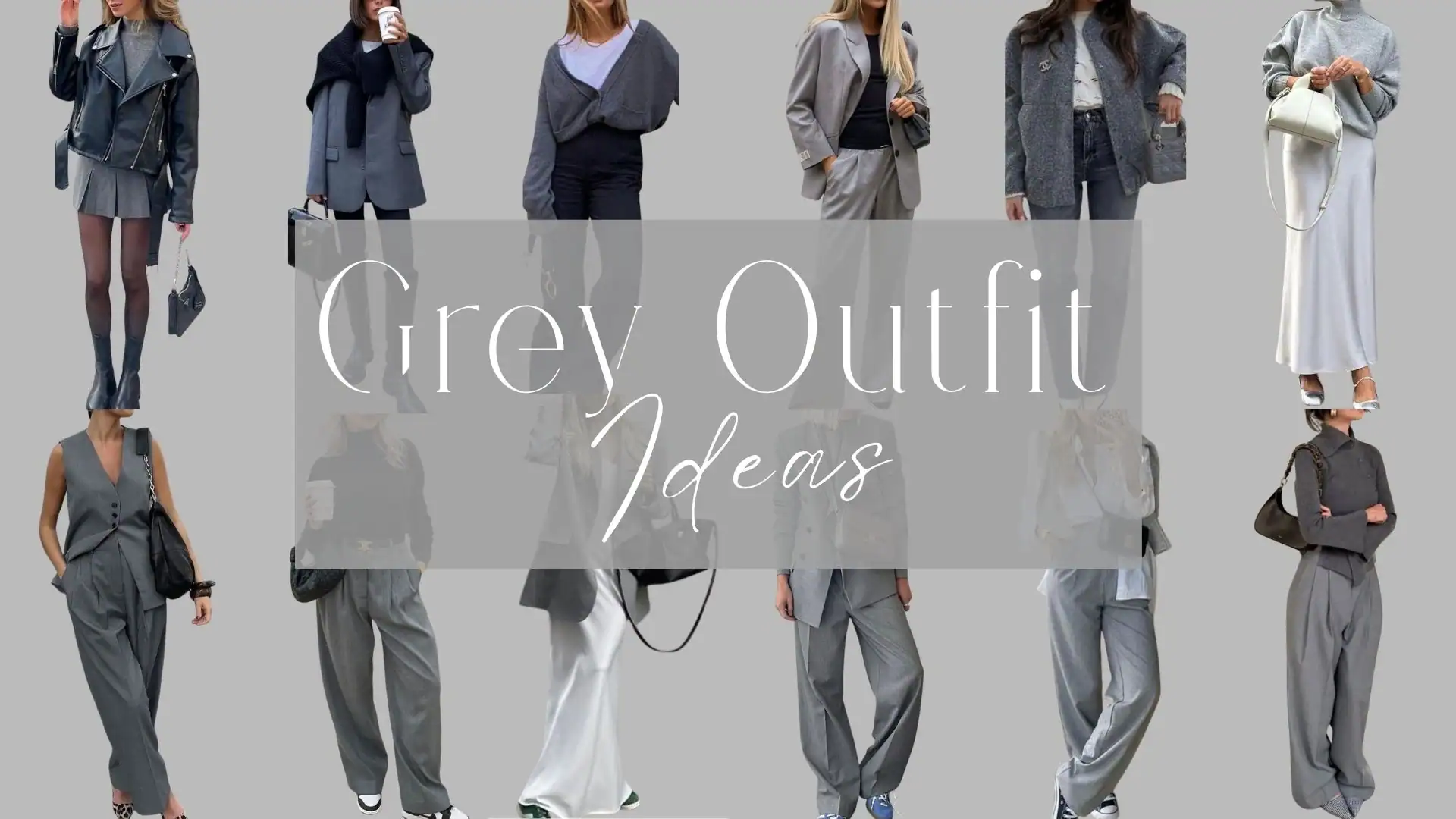 The image features a collection of stylish grey outfits, showcasing a variety of styles including tailored blazers, relaxed trousers, and fitted tops. Key features include structured silhouettes, varying necklines such as V-necks and high collars, and diverse lengths ranging from cropped to ankle length, with textures like knit and smooth fabrics. The grey tones vary from light dove grey to deep charcoal, often paired with subtle patterns like pinstripes and checks.