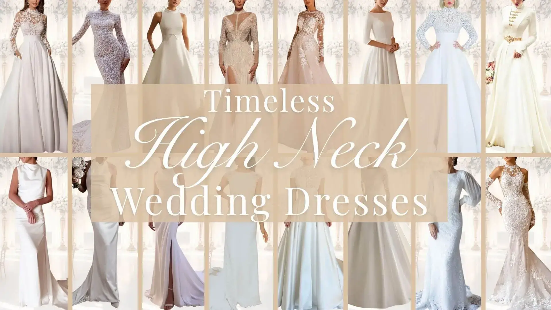 This high neck wedding gown features luxurious satin fabric with a soft sheen, complemented by intricate lace detailing around the neckline and long, fitted sleeves. The skirt flows gracefully to the floor, offering a timeless and modest silhouette, perfect for a winter wedding or a vintage-inspired celebration. The overall design encapsulates elegance, making it an ideal choice for brides seeking a classy and sophisticated look.