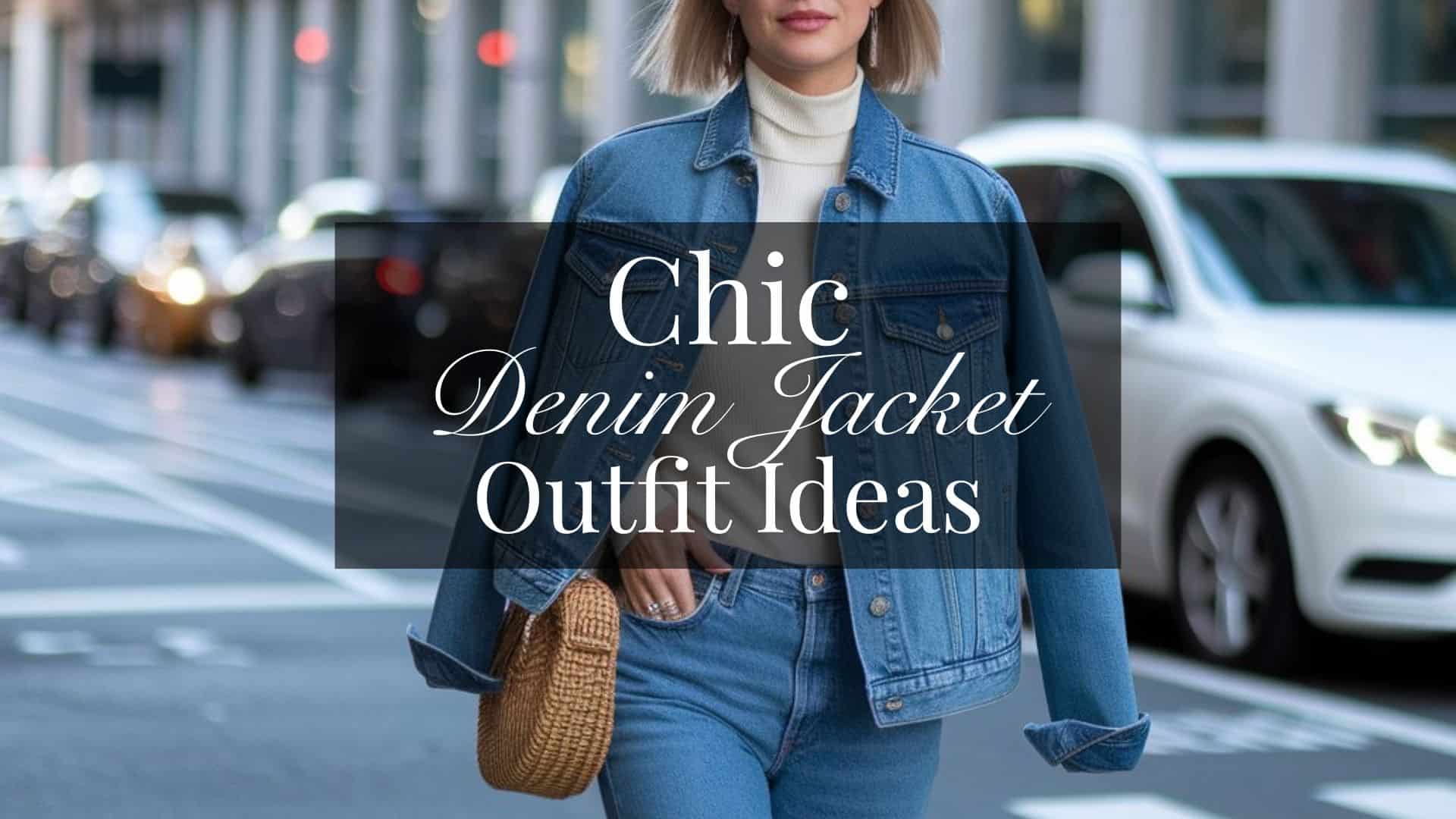 The image features a classic denim jacket in a medium wash, paired with a fitted cream turtleneck and high-waisted jeans for a streamlined silhouette. The outfit's combination of timeless denim and neutral tones enhances a chic rustic style, while the structured jacket adds a flattering shape that embodies modern elegance. A woven handbag complements the look, introducing a textural element that adds warmth and sophistication.