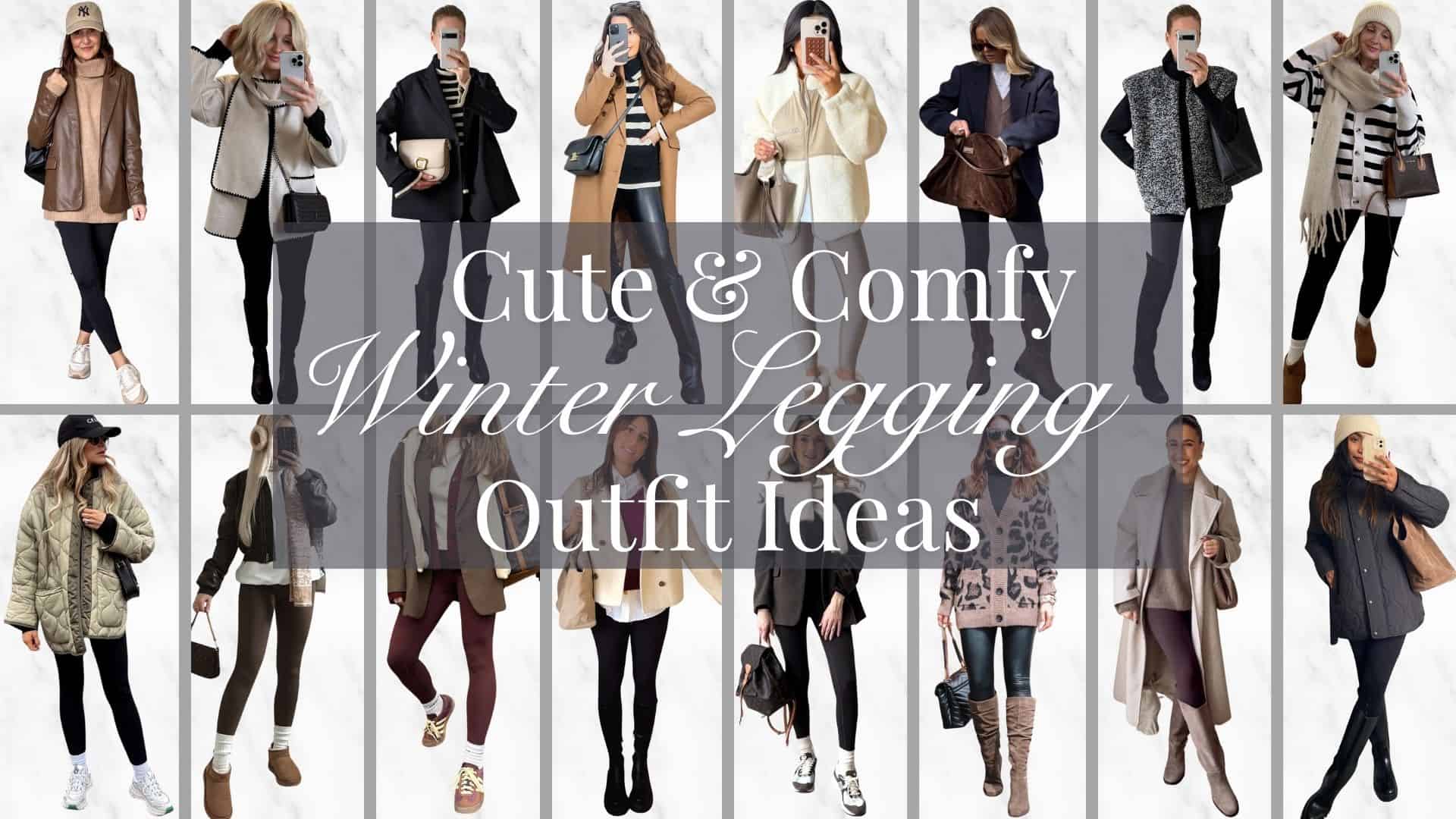 The winter leggings outfits feature a mix of cozy sweaters and stylish outerwear in neutral and earthy tones, complemented by stretchy black and burgundy leggings. Textures vary from chunky knits and soft fleece to sleek leather and quilted materials, while accessories include oversized scarves, beanies, and chic handbags. Footwear options range from casual sneakers to knee-high boots, perfect for warmth and comfort during the cold season.