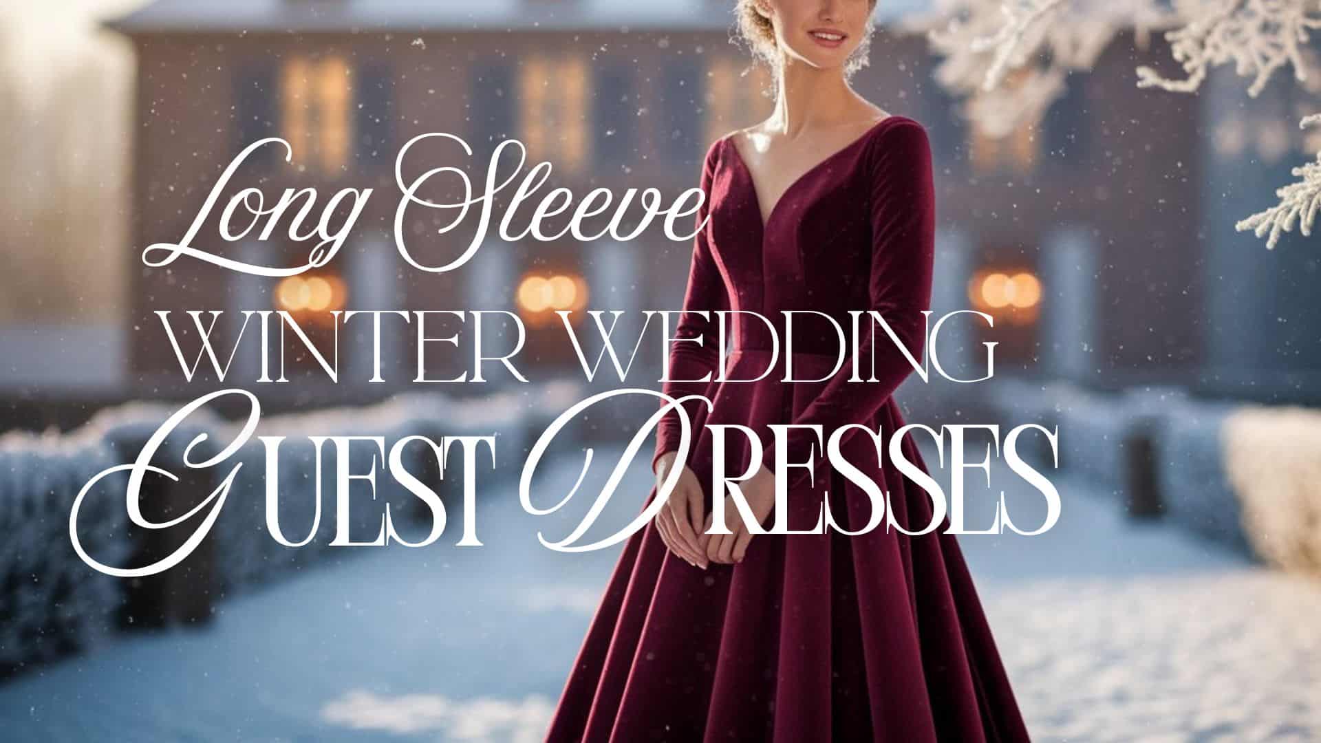 A long sleeve wedding guest dress in a rich burgundy hue features a flattering A-line silhouette. The deep V-neckline elegantly complements the fitted bodice, making it suitable for winter weddings. The fabric appears luxurious and warm, perfect for colder weather.