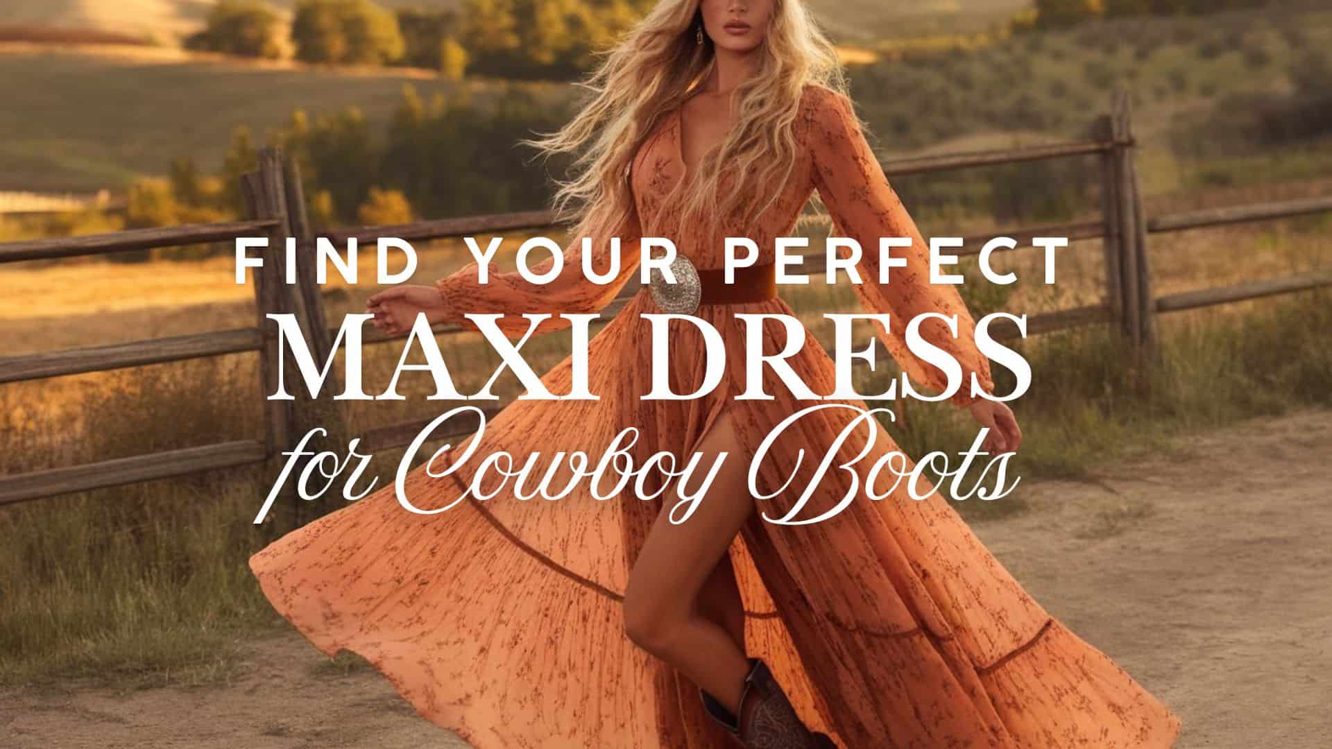 The image features a flowing, rust-orange maxi dress with long sleeves and a deep V neckline, adorned with delicate floral embroidery that enhances its country western charm. The model is styled with cowboy boots, showcasing the dress's perfect pairing for a chic, rustic look against a sunlit outdoor backdrop. The dress gracefully moves as she twirls, emphasizing its elegant silhouette ideal for various occasions.