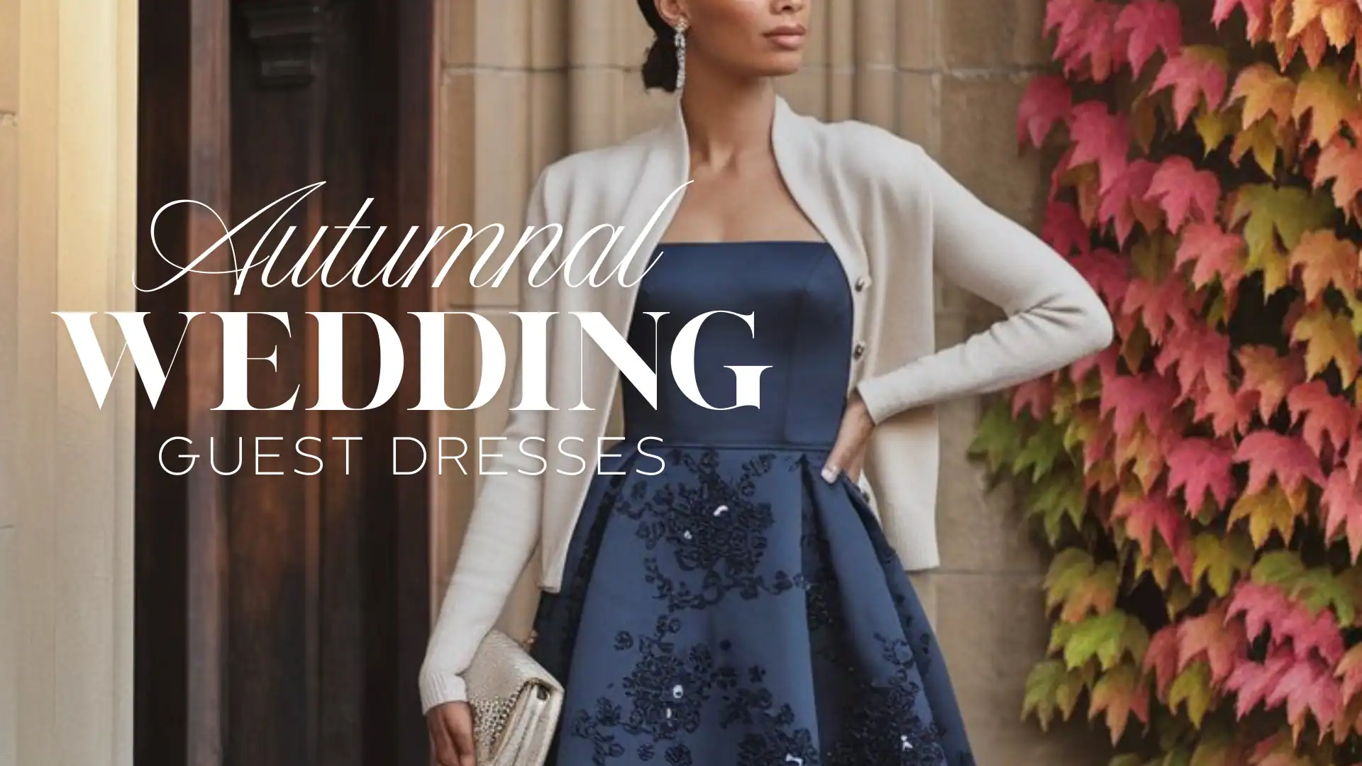This elegant fall wedding guest dress features a fitted strapless bodice in a rich navy fabric with a subtle sheen, complemented by intricate black floral embroidery cascading down a voluminous skirt. The overall vibe is classic and sophisticated, perfect for formal occasions, making it an ideal choice for teenage girls attending a wedding.