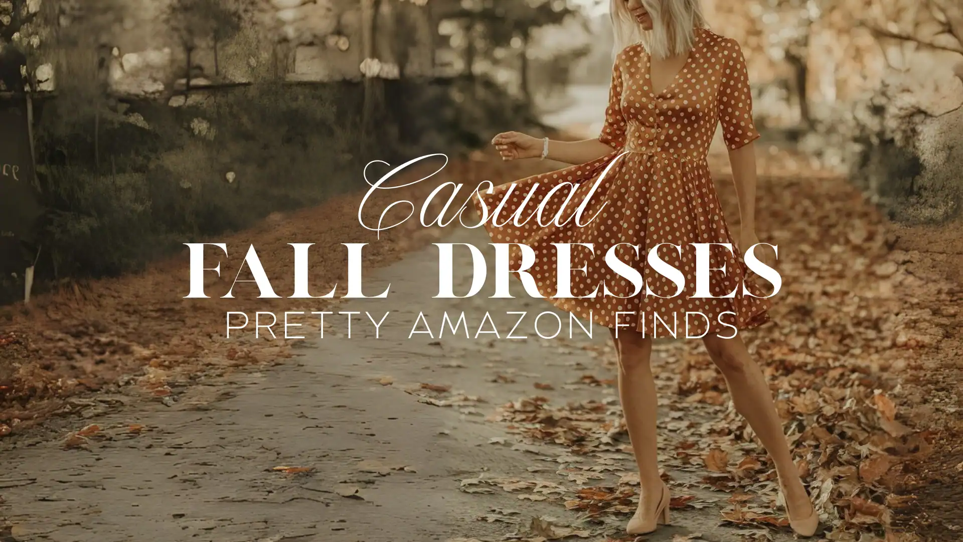 The image features a casual fall dress in a warm, pumpkin orange color adorned with white polka dots. It has a flattering A-line silhouette with a fitted bodice and short sleeves, designed to enhance comfort and wearability, making it a perfect choice for autumn outings. The dress flows gently to mid-thigh, emphasizing a playful yet stylish fit that transitions well from day to evening.