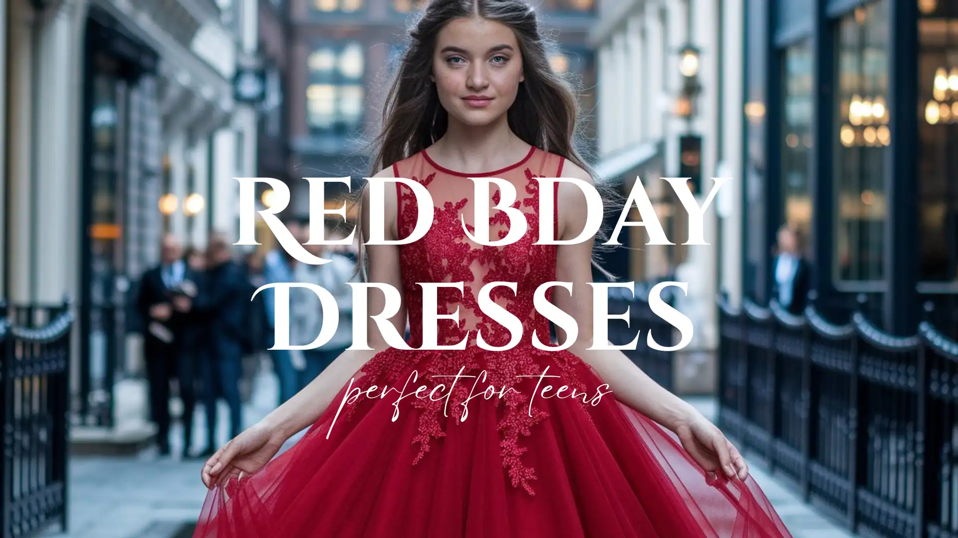 young adolescent teen wearing a stunning red birthday dress that stands out in the crowd