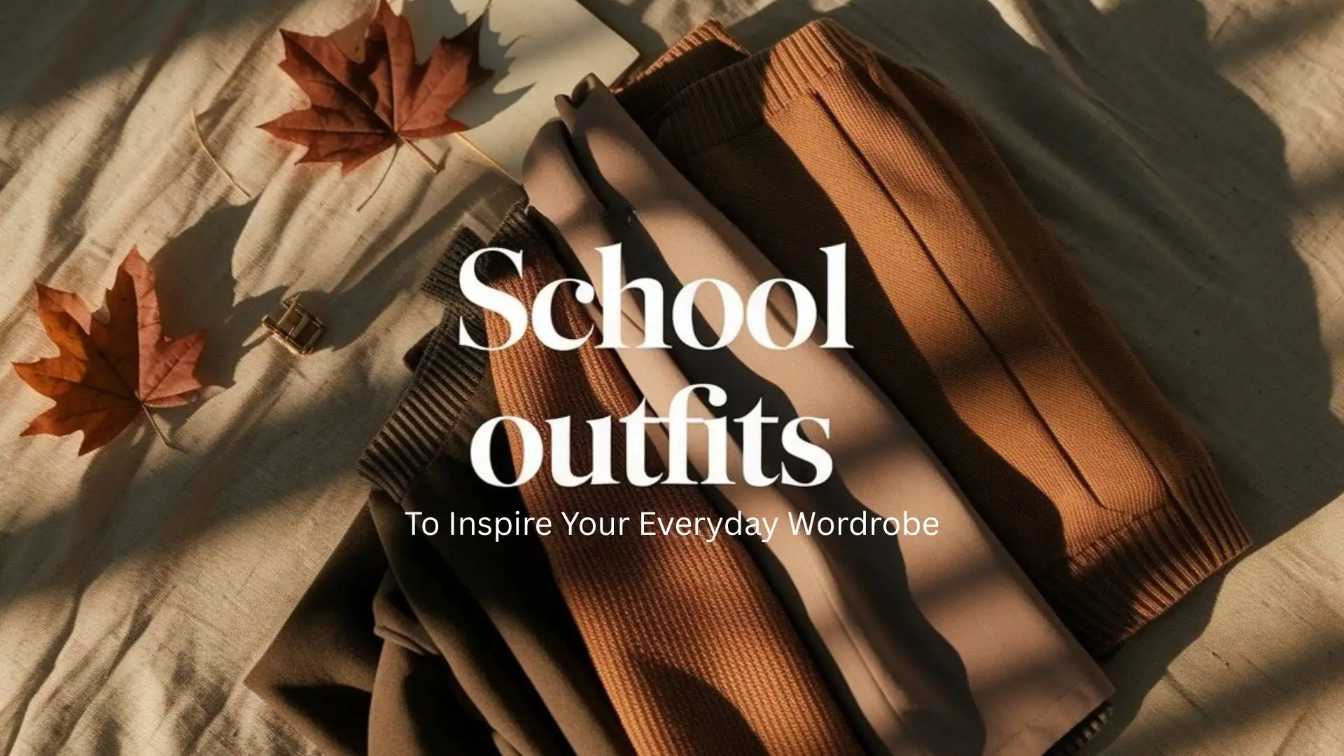 The image showcases a collection of school outfit ideas featuring clothing in warm, earthy tones. The pieces include a variety of textures and layers, with shades of brown, taupe, and deep green prominently displayed. Textured fabrics and relaxed styling make these outfits versatile and comfortable, perfect for the school environment.