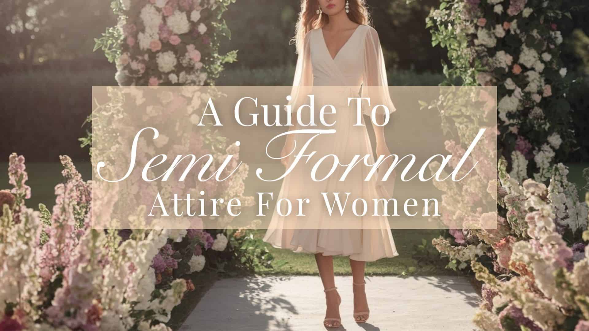 The outfit features a soft, flowing cream dress with long, sheer sleeves and a flattering v-neckline, suitable for semi-formal occasions. It falls just below the knee, creating an elegant silhouette, complemented by nude, strappy high-heeled sandals. The model stands gracefully amidst a garden setting adorned with colorful flowers, enhancing the attire's refined aesthetic.