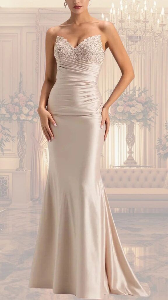 A sleek, floor-length evening gown in a soft champagne hue features a sweetheart neckline adorned with intricate beadwork, enhancing its elegant silhouette. The figure-hugging bodice transitions into a subtle flair at the hem, while the smooth satin fabric adds a luxurious touch, making it perfect for a stylish, sophisticated event. The gown is strapless, allowing for an elegant display of shoulders.