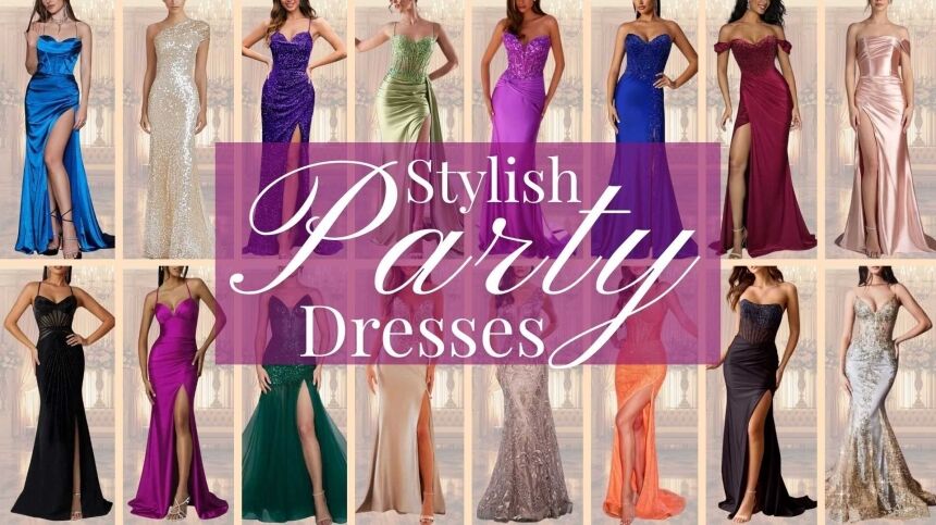 A collection of stylish party dresses featuring elegant long designs, showcasing various necklines such as sweetheart and off-shoulder. The gowns display vibrant colors including royal blue, emerald green, and shimmering gold, along with high slits and intricate embellishments, perfect for a fun yet sophisticated event. Textures range from sleek satin to sequined styles, enhancing their luxurious appeal.