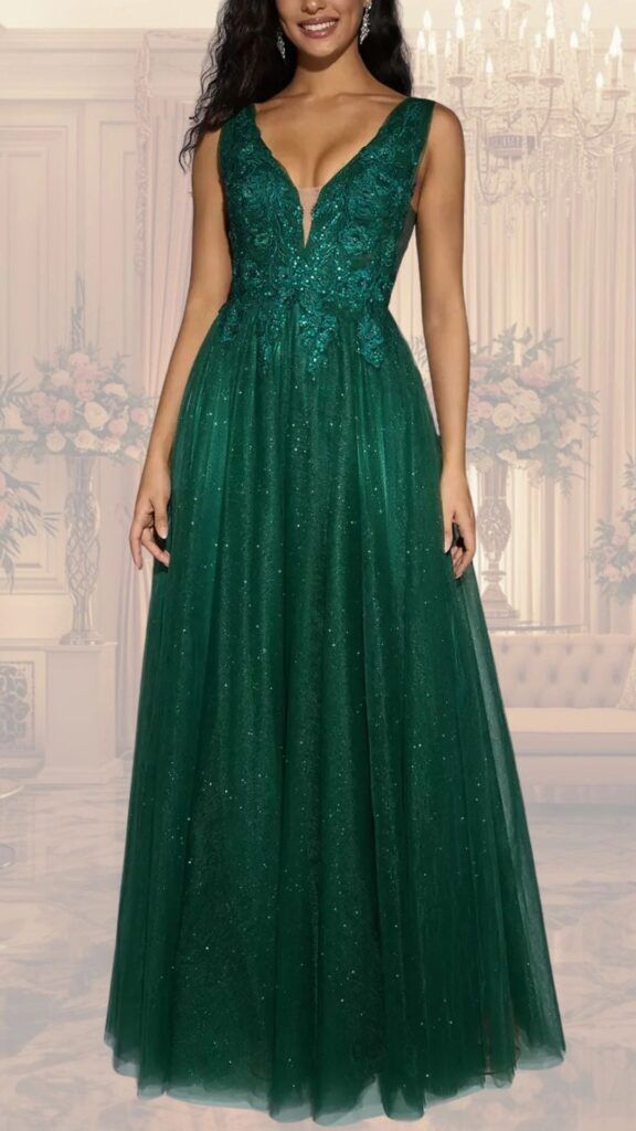 Elegant long evening gown in deep emerald green featuring a plunging V-neckline and elaborate floral embroidery adorned with sequins. The floor-length skirt flows gracefully with a soft, textured overlay that glimmers, while the fitted bodice enhances an hourglass silhouette. The sleeveless design adds a modern touch, perfect for a stylish, fun event.