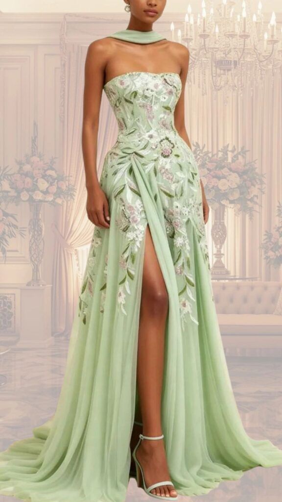 Strapless evening gown in a soft mint green features exquisite floral embroidery and a high slit that adds a touch of allure. The flowing skirt is floor-length, cascading elegantly with a train, while a matching necktie enhances its sophisticated style. This dress is perfect for a fun yet elegant event, combining contemporary design with graceful details.