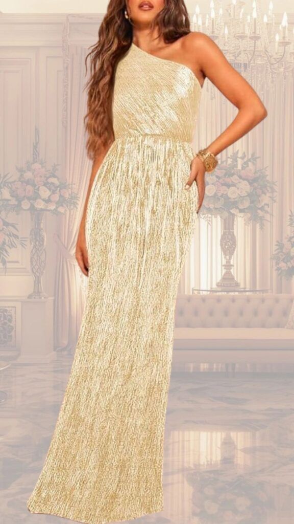 A stylish long evening gown featuring a one-shoulder neckline and a sleek, floor-length silhouette. The dress is adorned with a shimmering gold texture, adding an elegant touch perfect for formal events. Its minimalist design and fitted silhouette enhance the sophisticated appeal, making it ideal for a fun yet classy occasion.