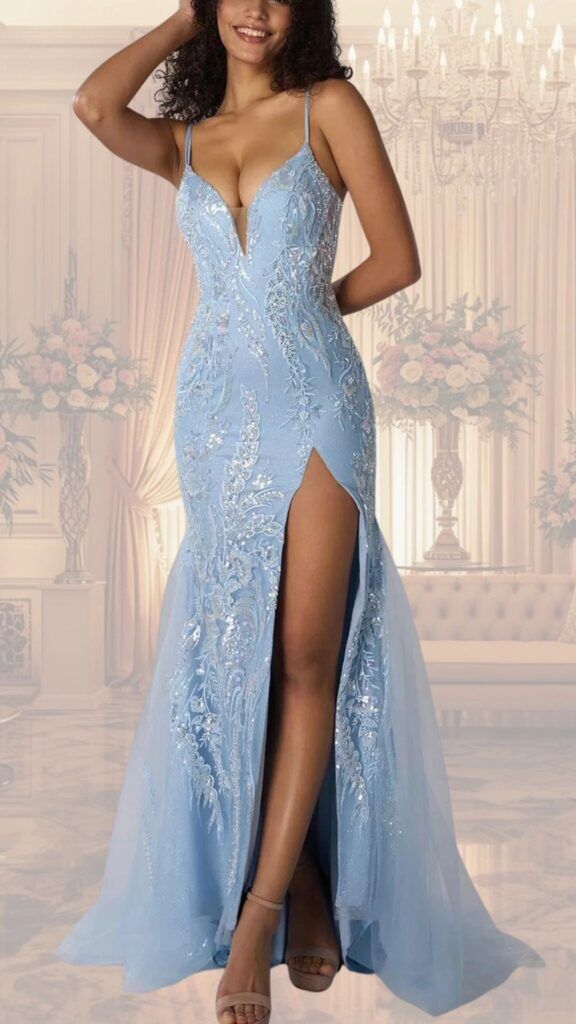 A stunning long evening gown in a delicate light blue hue, featuring a plunging V-neckline and adjustable spaghetti straps. The fitted bodice flows into a floor-length skirt with an elegant thigh-high slit, adorned with intricate beaded embroidery and a sheer overlay that adds a touch of sophistication. This stylish dress is perfect for a fun yet elegant event, combining glamour with a playful twist.