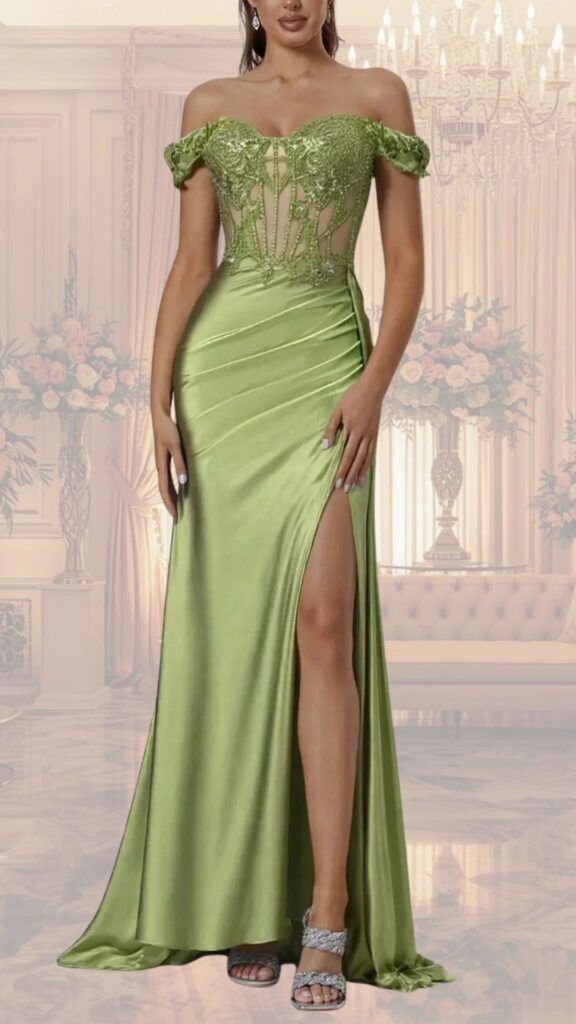 Off-the-shoulder evening gown in a vibrant light green, featuring intricate beadwork on a sheer bodice that highlights elegance. The dress is fitted through the hips, cascading into a floor-length silhouette with a thigh-high slit, complemented by subtle ruching for added texture and sophistication. Soft, satin-like fabric enhances the overall luxurious appearance, making it perfect for a stylish, formal event.