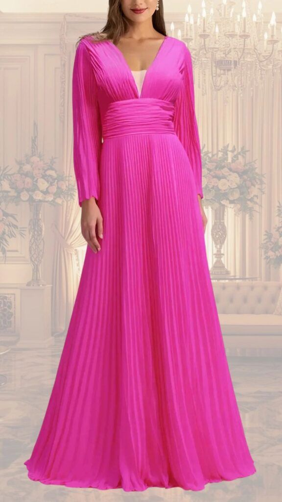 Elegant long evening gown in vibrant magenta, featuring a plunging V-neckline and long sleeves. The dress showcases a flattering gathered waist that transitions into a flowing, pleated skirt, creating movement and sophistication suitable for any stylish event. The rich texture and bold color enhance its designer look, making it a perfect choice for a fun yet elegant occasion.