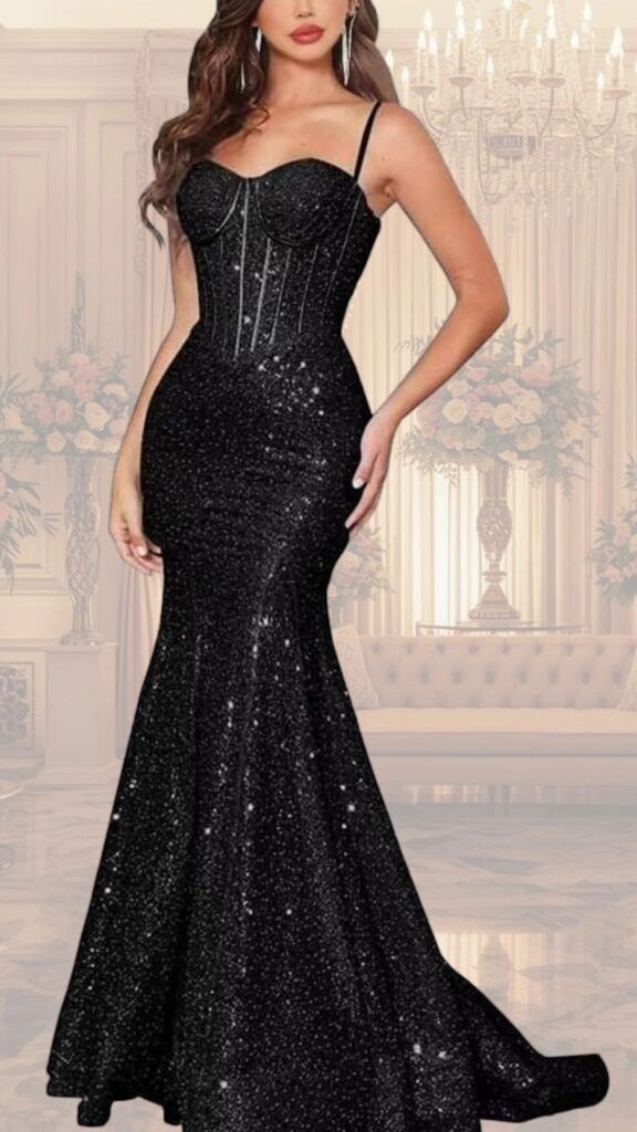 A fitted black evening gown features a sweetheart neckline and spaghetti straps, enhancing its elegant silhouette. The dress is adorned with shimmering textures, creating a sparkling effect, and flares out at the hem to form a dramatic mermaid style. The sleek design merges glamour with sophistication, perfect for a stylish party or formal event.