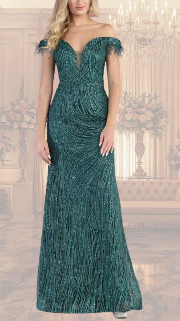 The dress features an elegant off-the-shoulder neckline that gracefully frames the collarbone, with delicate feather accents enhancing its chic appeal. Made of sequined fabric in a deep emerald green, the gown flows to a floor-length hemline, showcasing a form-fitting silhouette adorned with swirling patterns that add texture and movement. Designed for a stylish and sophisticated event, this evening gown is both fun and elegant.