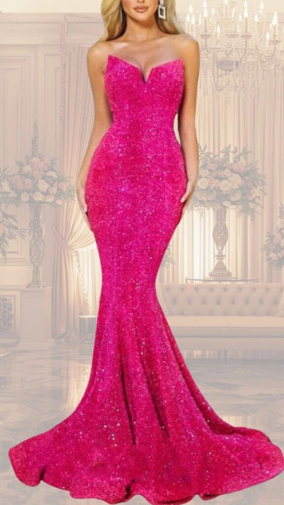 A stunning strapless evening gown in vibrant pink showcases a sweetheart neckline and a fitted silhouette that flares out into a dramatic mermaid hemline. The dress is adorned with shimmering sequins, adding a touch of glamour, while the floor-length design ensures elegance for any upscale event.