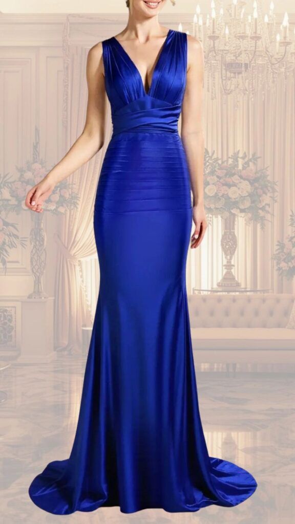 A sleek, floor-length evening gown in a vibrant royal blue features a plunging V-neckline and elegant, wide straps. The dress has a fitted bodice with gathered detailing and flows into a flared hemline, creating a graceful silhouette, while its satin finish adds a luxurious touch suitable for a stylish event.