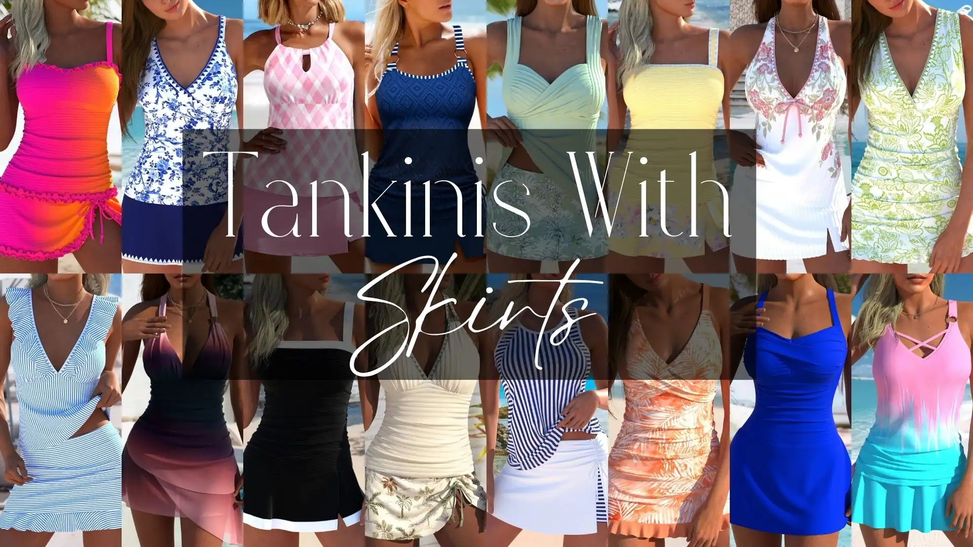 A vibrant collection of tankinis with skirts showcases a variety of styles, including fitted silhouettes and flared cuts, in lengths ranging from mini to mid-thigh. The fabric combines stretchy swimwear materials with textures like ribbed and smooth finishes, presented in colorful patterns such as bold florals, stripes, and color gradients, accented by design details like ruching, cut-outs, and playful hems, ideal for casual beach outings or poolside relaxation.