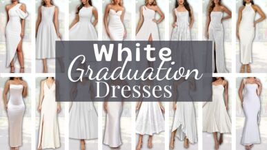 The image showcases a variety of white graduation dresses, featuring different styles such as fitted, flowy, and elegant designs. Each dress exhibits unique details like slits, off-the-shoulder cuts, and intricate textures, appealing to diverse personal tastes. The backdrop suggests a celebratory outdoor setting, enhancing the overall presentation of the dresses.