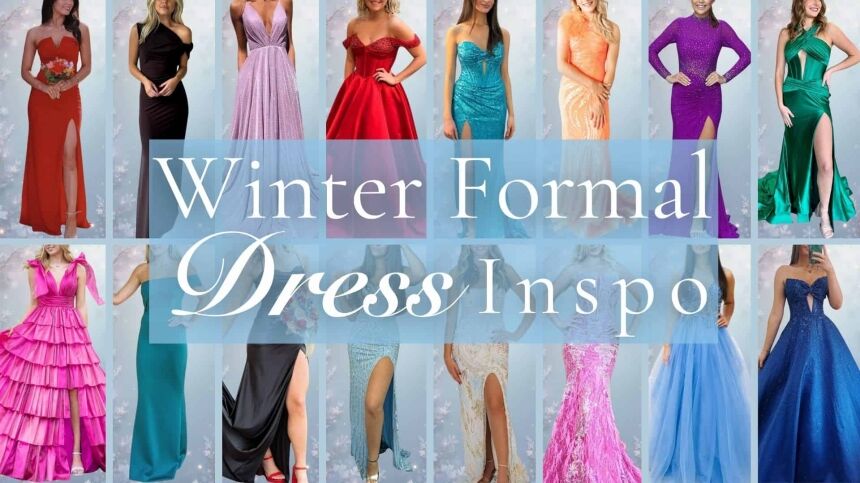 The collection features a variety of elegant winter formal dresses, showcasing diverse styles such as mermaid cuts, ball gowns, and fitted silhouettes. Key details include sleeveless designs, off-shoulder necklines, vibrant jewel tones, and intricate beadwork, along with options featuring side slits for a touch of sophistication. Textures range from smooth satin to shimmering sequins.