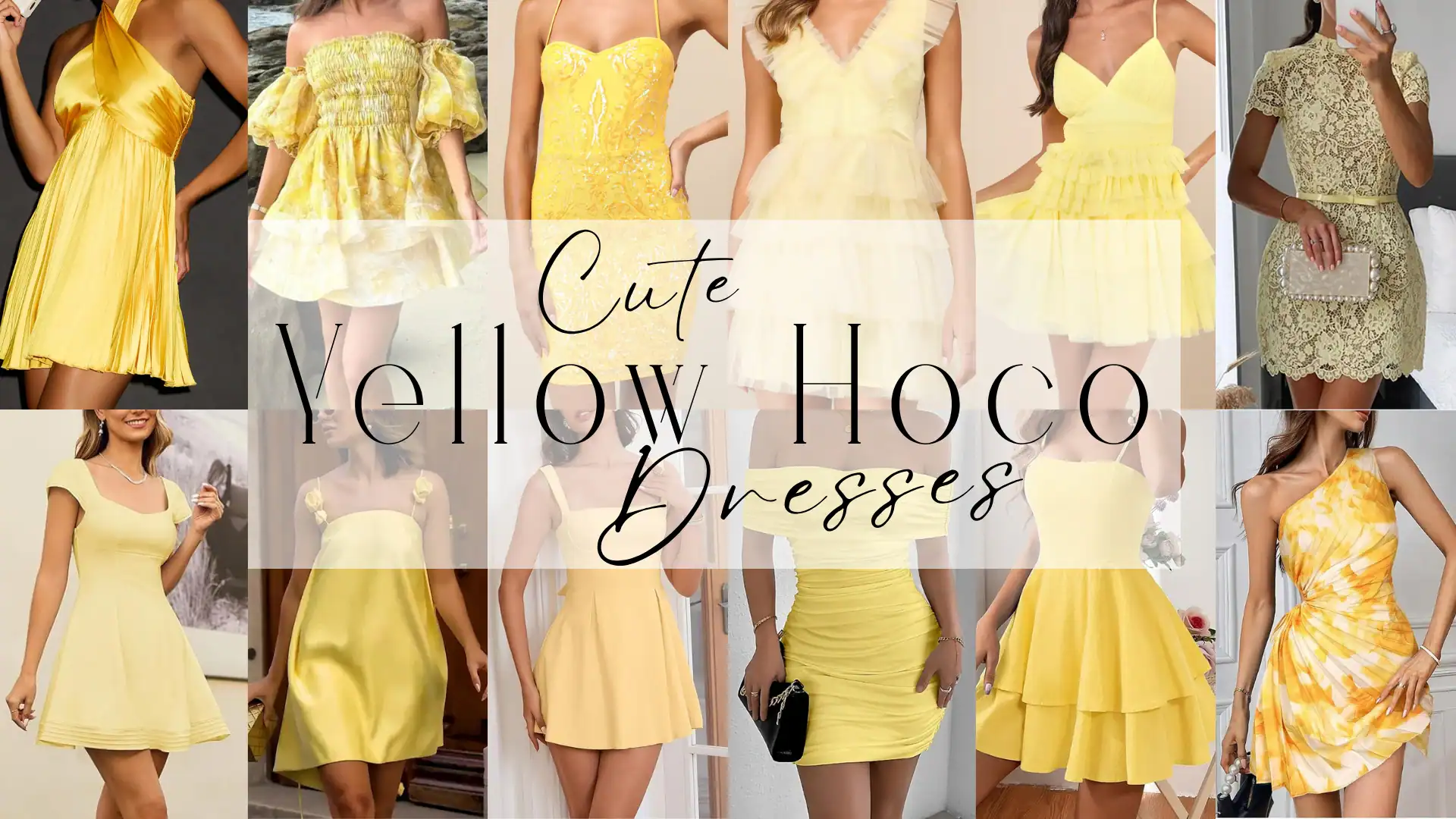 This collection of yellow homecoming dresses features a range of styles, from playful A-line silhouettes to form-fitting designs, crafted from lightweight fabrics that evoke a soft, airy texture. The vibrant shades of yellow span from pastel tones to bold hues, with some dresses showcasing intricate patterns or embellishments, making these looks ideal for youthful, trendy occasions such as homecoming or school dances.